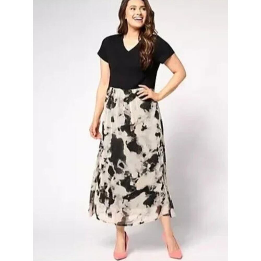 Logo By Lori Goldstein Dress Womens Size 2XP Regular Print & Solid V-Neck Black‎